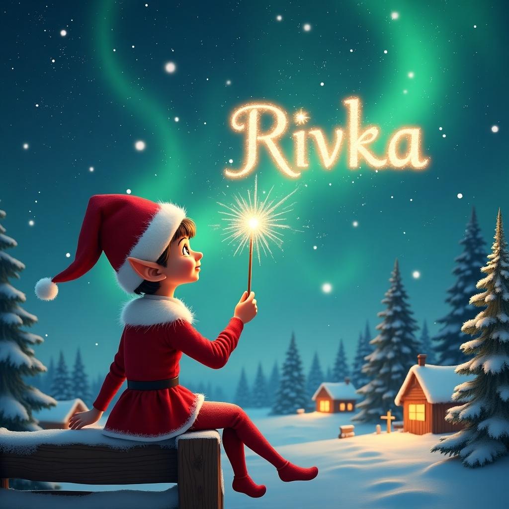 Elf sits on a wooden ledge. Back to camera. Gazing at magical sky. Dressed in red outfit. Holding a sparkling wand. Writing Rivka in the starry sky. Background with snowy landscape. Charming houses and evergreen trees. Shimmering Northern Lights. Whimsical scene of childhood magic.