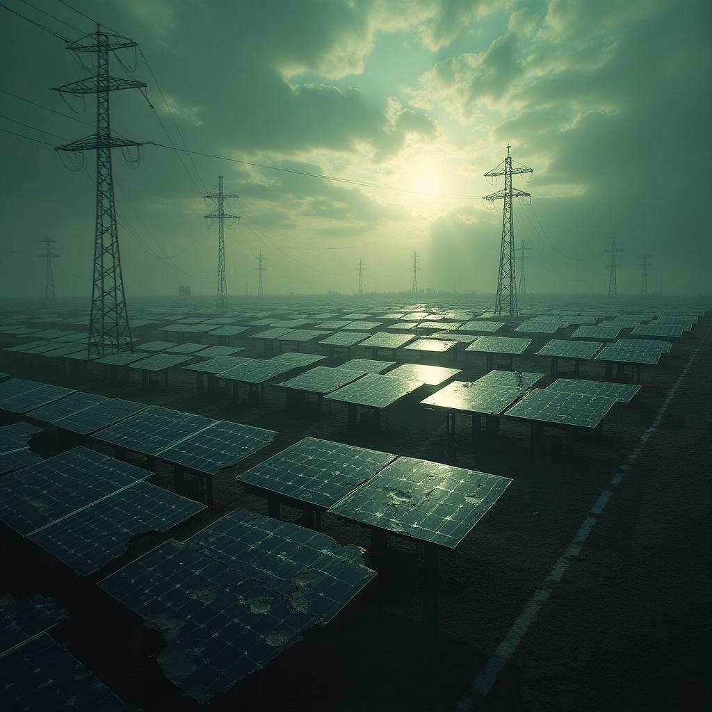 Broken solar cell park in a zombie apocalypse. Hazy atmosphere with fading sunlight. Rows of damaged solar panels reflecting light, surrounded by tall power lines. A sense of desolation and abandonment is present.