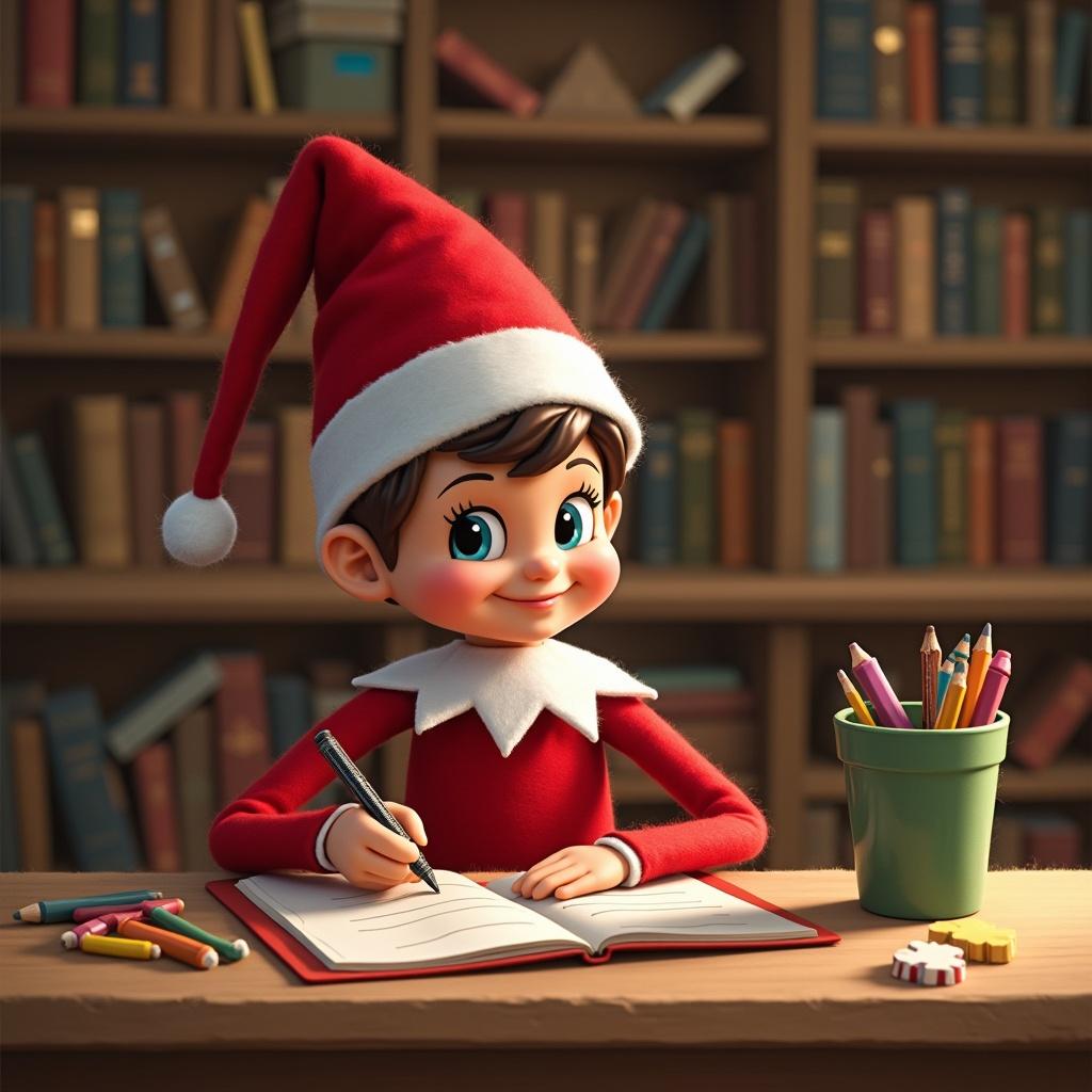 The image depicts a cheerful elf sitting at a wooden desk in a cozy library. The elf, dressed in a red outfit and a floppy white-trimmed hat, is joyfully writing in a notebook. Around the elf are colorful pencils scattered on the desk and a green pot filled with more art supplies. Behind the elf, a wall of books adds to the warm, festive atmosphere. This scene captures the spirit of holiday creativity and tradition. It evokes feelings of joy and nostalgia associated with Christmas time and storytelling.