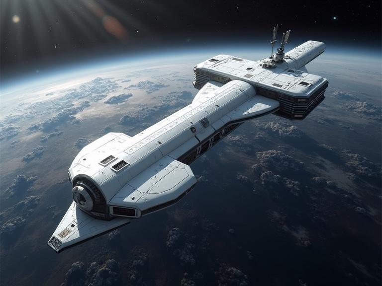 A large T-shaped space station with a white smooth hull and textured surface. Features 200 small rectangular bevel windows. Set against a planet atmosphere with realistic details, shadows, and soft reflections.