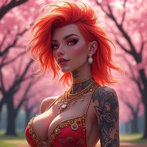 Anime character in a cherry blossom forest. Woman with fire red eyes and oversized spiky hair. Wearing luxurious jewelry and a modern Chanel dress. Holding fire energy kunai. Features include tattoos, piercings, and a cybernetic leg. Depicts a futuristic and colorful style.