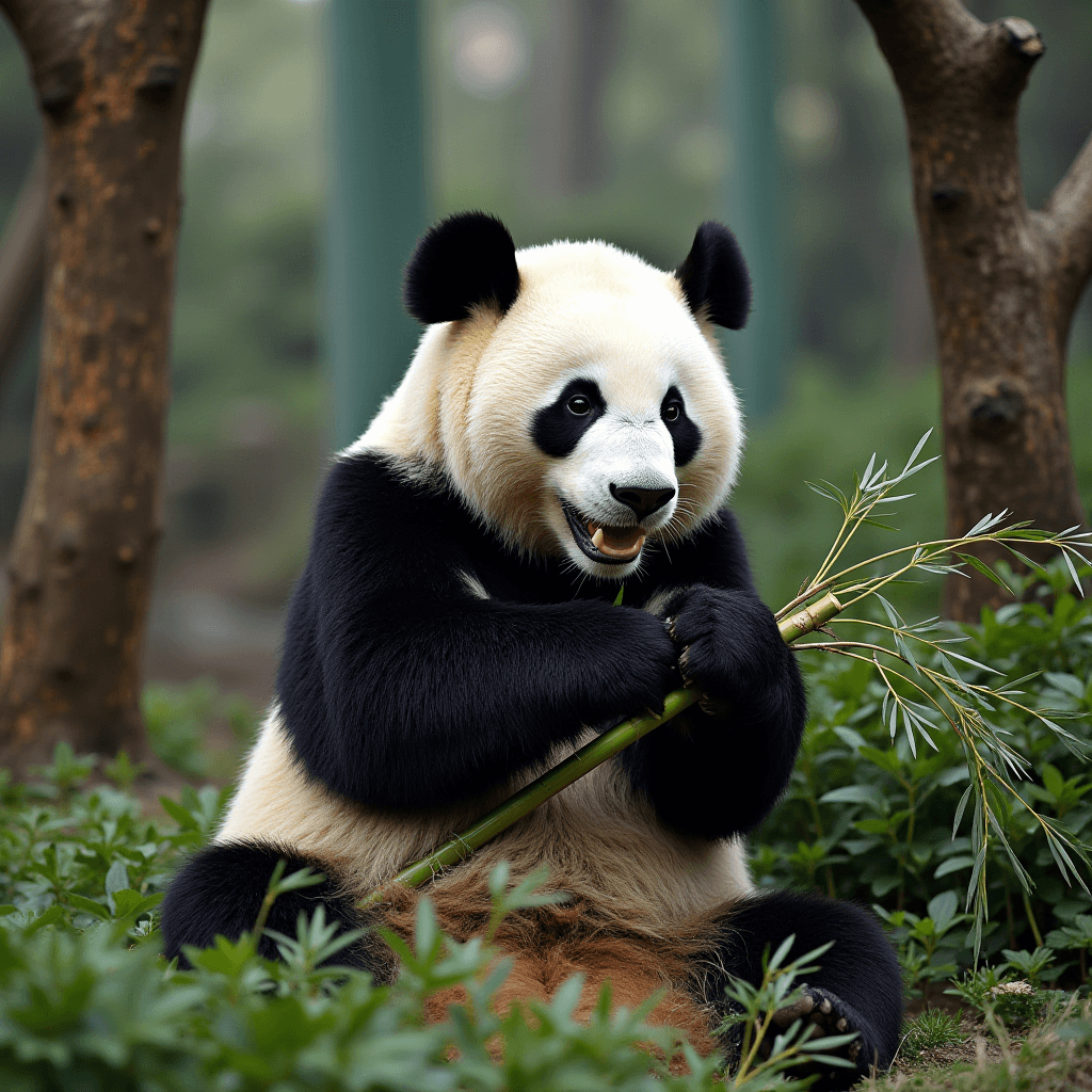 A panda happily munching on bamboo in a lush, green setting.