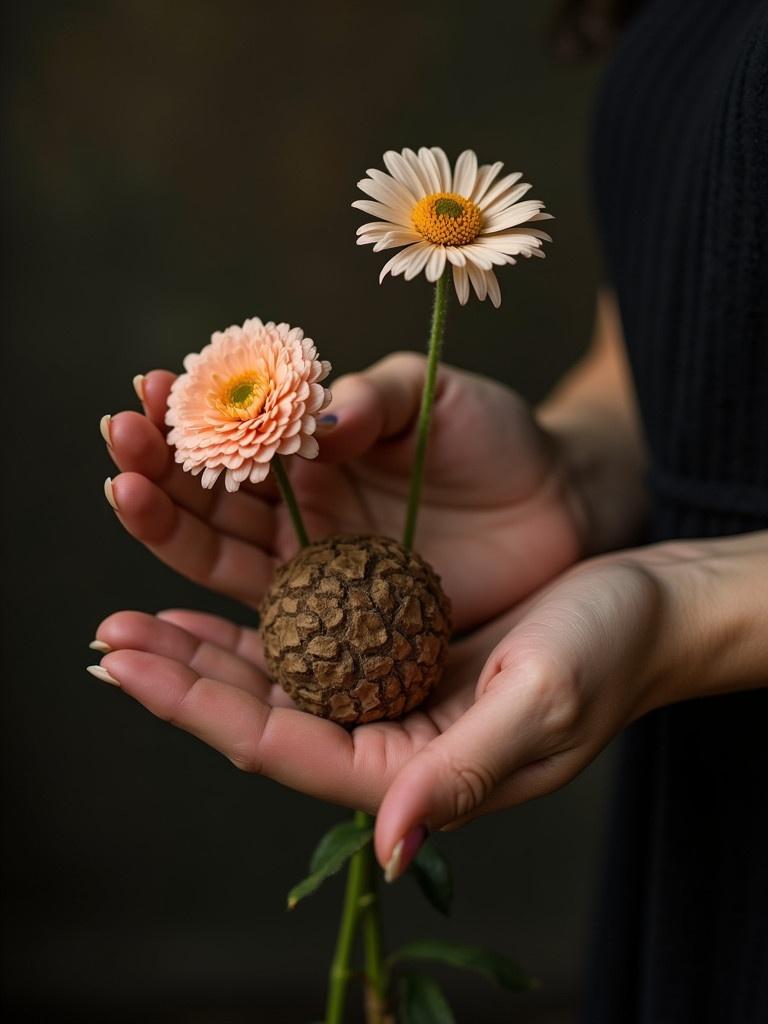 Woman's hands gently holding two flowers with a rustic seed pod. Background has a darker tone creating depth. Floral elements include a delicate peach flower and a bright white flower. Subtle focus on the organic beauty of nature.