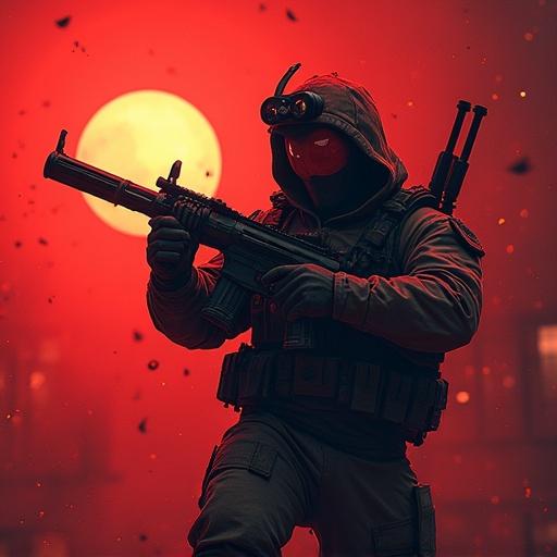 A sinister character in a hooded outfit with glowing yellow eyes holds a blaster. The background color is bright red, creating an intense atmosphere. The style reflects dark fantasy elements with a focus on horror.