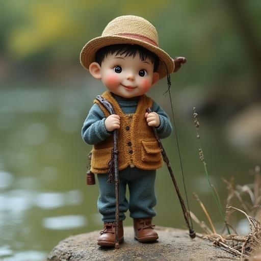A small fisherman doll stands on a rock by a river. The doll wears a brown vest and hat, carrying a fishing rod. Its expression is cheerful and playful.