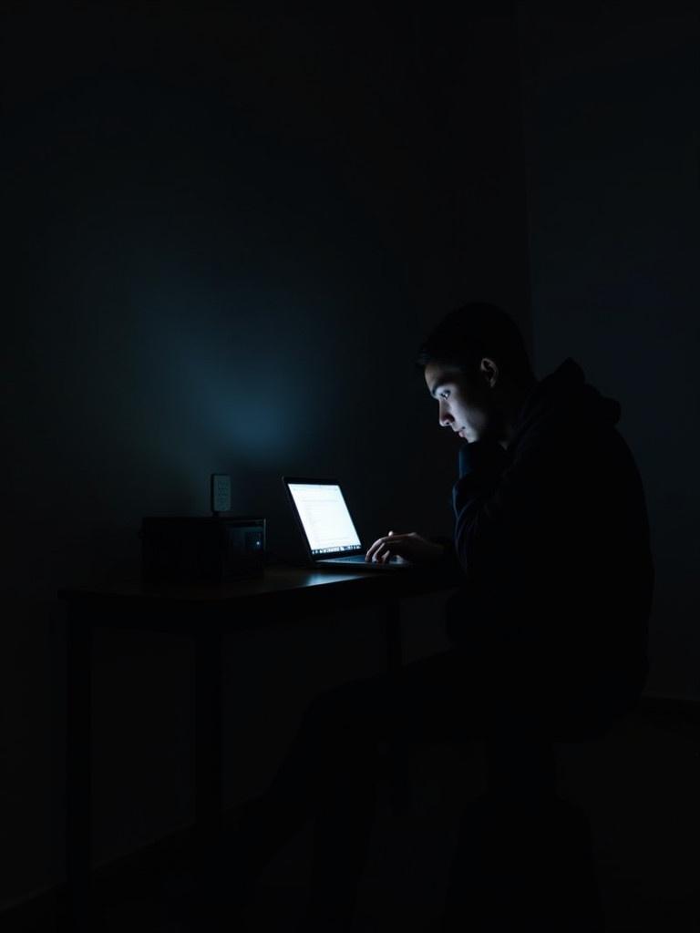 A person sits alone in a dimly lit room, engaged in coding on a laptop. Soft glow from the laptop screen creates a focused atmosphere. Surrounding darkness emphasizes the concentration on the laptop. Individual seated on a stool, reflecting dedication in a quiet space.