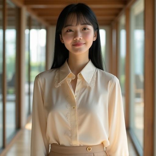Ultra-realistic portrait of a young Asian woman appearing 20 years old with porcelain fair skin. She has large brown eyes and sleek black hair with bangs. Dressed in a cream blouse with lace trim and a high-waisted pencil skirt. Warm expression suggests kindness and confidence. Set in a modern office with wooden floors and glass partitions.