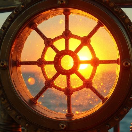 Close-up view of a glowing lighthouse beacon in the lantern room at sunrise. Intricate Fresnel glass lenses radiate warm light. Dust motes float in the air. Reflections dance across polished brass supports. Watercolor art style with detailed textures and soft glow.