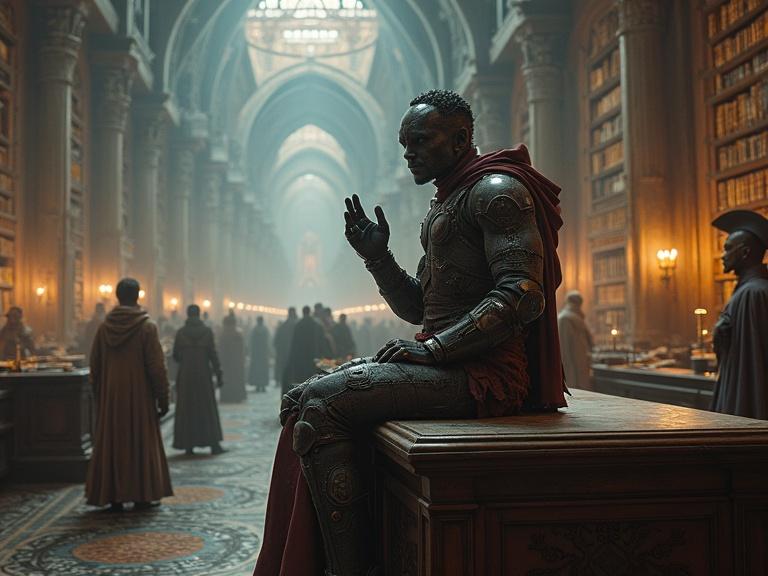 Library scene with rich details. Soft glow enhances a mystical atmosphere. Ancient architecture with vastness. Futuristic warrior with cybernetic enhancements rests on a desk. People in robes bustle around. Photorealistic representation.