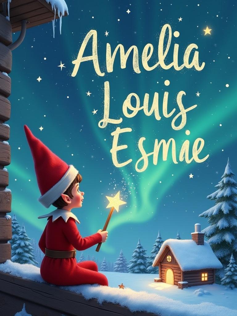 Elf sits on a wooden ledge facing the sky. Elf wears a red outfit with a pointed hat and holds a sparkling wand. Names ‘Amelia', ‘Louis', ‘Esmae’ are written in the starry sky. Background features snow-covered houses and evergreen trees under Northern Lights. Scene captures childhood magic and Christmas cheer.