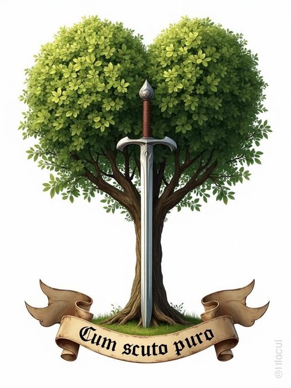 Highly detailed family crest featuring heart-shaped linden tree with thick trunk and rounded crown. Medieval longsword planted in front of the tree. Classic heraldic flourishes and a banner with Latin motto 'Cum scuto puro'. A sense of dignity and realism. Painted in heraldic portrait style.