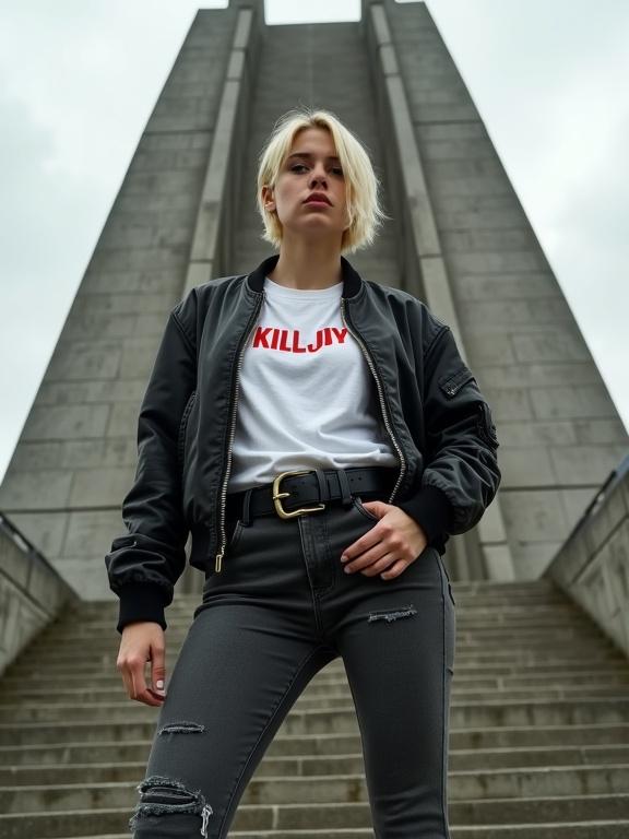 A young adult in a black bomber jacket and ripped grey jeans stands at the base of a brutalist building. The sky above is cloudy. Model wears a white t-shirt with 'KillJoy' printed in red. Ground is wet giving a reflective quality. The image is taken from a low angle to highlight the model's strong posture and the imposing architecture behind.