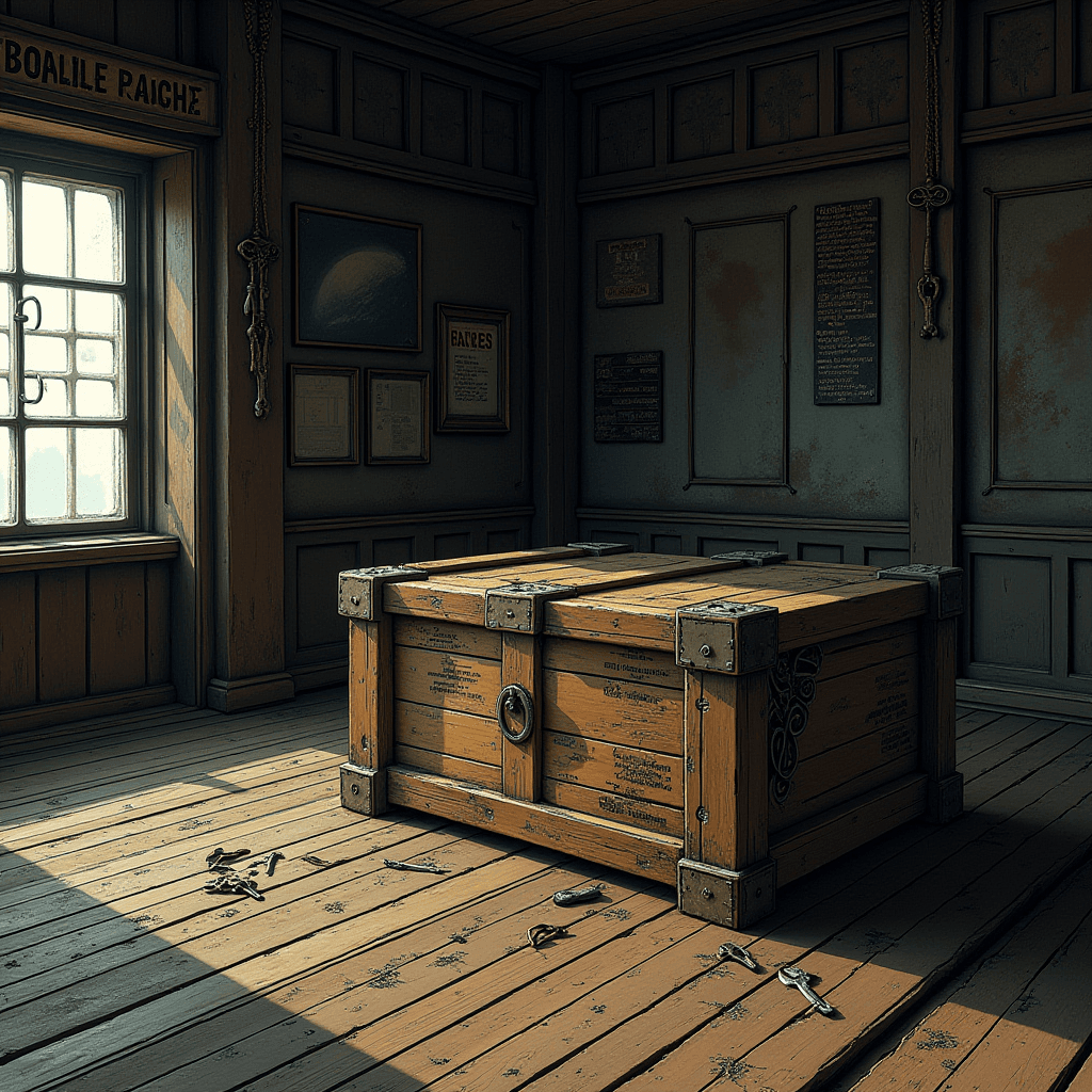 A wooden chest sits in a dimly lit room, surrounded by keys on the floor.