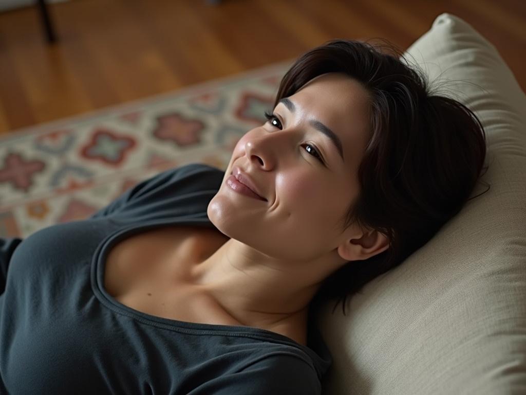 The image shows a person reclining on a couch with a relaxed expression. The individual has short, dark hair and is lying back with their head tilted slightly. The setting includes a patterned rug visible on the floor beneath the couch. The background appears to have wooden flooring, which gives a warm and homey feel. The light in the room is soft, enhancing the calm atmosphere.