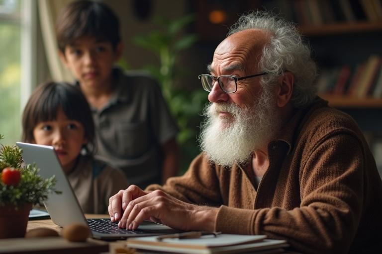 An old grandfather tells a story to his children. He talks about developers from the past who didn't use chatGPT. The children's reactions show surprise.