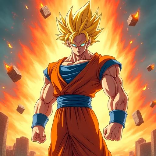 A muscular anime hero stands confidently at the center. He has spiky golden hair and blue eyes. Dressed in an orange and blue outfit. Dramatic light effects highlight features. Background shows energy eruption with flying debris. Cinematic style indicates action and power.