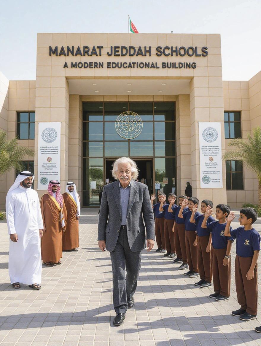 Wide-angle shot of entrance to Manarat Jeddah Schools. Modern building with large sign. Welcoming atmosphere with banners and flags. Albert Einstein in gray suit walks toward entrance with smile. School principal and assistant in Saudi attire stand nearby. Group of 8-year-old boys in dark blue shirts and brown pants wave excitedly.