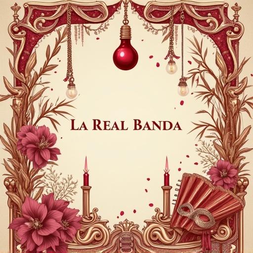 Elegant album cover in light beige background with custom Toile de Jouy pattern. Detailed illustrations include red light bulb broken golden chain lit candles masquerade mask and flower petals. Colombian flora like orchids and bamboo are present with musical instruments like trumpets and accordions. Name LA REAL BANDA is elegantly written in golden serif font in the center. Classic luxurious style inspired by high-fashion textile design.