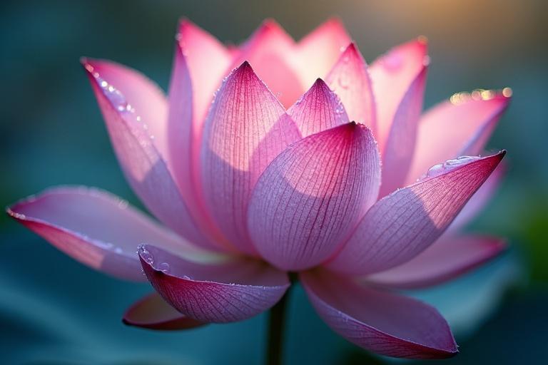Close-up of a lotus flower. Delicate petals with intricate textures. Glistening water droplets reflecting ambient light. Vibrant hues. Dreamy background. Shadows for depth. Captivating and serene atmosphere.