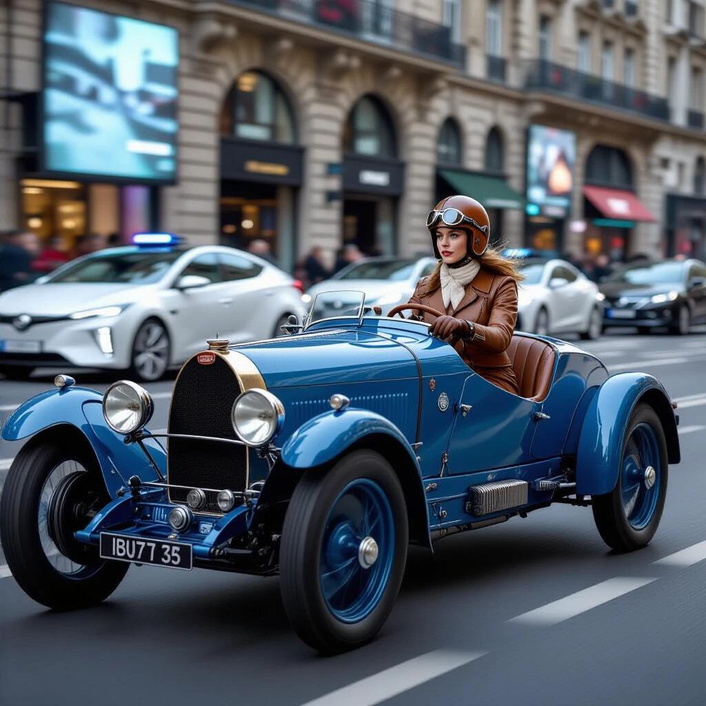 Photorealistic urban scene in Paris 2025. A beautiful female driver in 1928 aviator gear controls a vibrant blue 1924 Bugatti T35. The motion creates a feeling of speed on the Champs-Élysées. Details emphasize determined expression and craftsmanship of the car. Background shows a blurred river of self-driving pods and holographic advertisements. Sparks fly from cobblestone as the car speeds by.