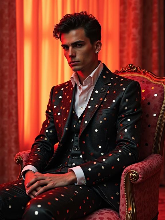 Professional studio setting with a model in a polka dot suit. Warm light illuminates luxurious textures. Soft blurred background with warm tones. Focus on intricate patterns and striking design. Model poses on a vintage chair.