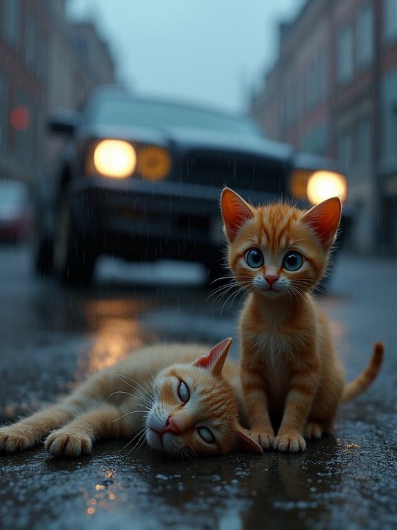 Sad wet kitten stands in rainy street next to lifeless larger cat. Background features damaged car with headlights on. Image captures detailed raindrops and reflections on wet pavement. Scene features cinematic lighting and a gloomy atmosphere.