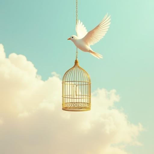 Floating golden birdcage looks like a flying bird. Surreal art with minimalist design. Sky background has pastel clouds. Elegant illusion conveys double meaning and visual metaphor.