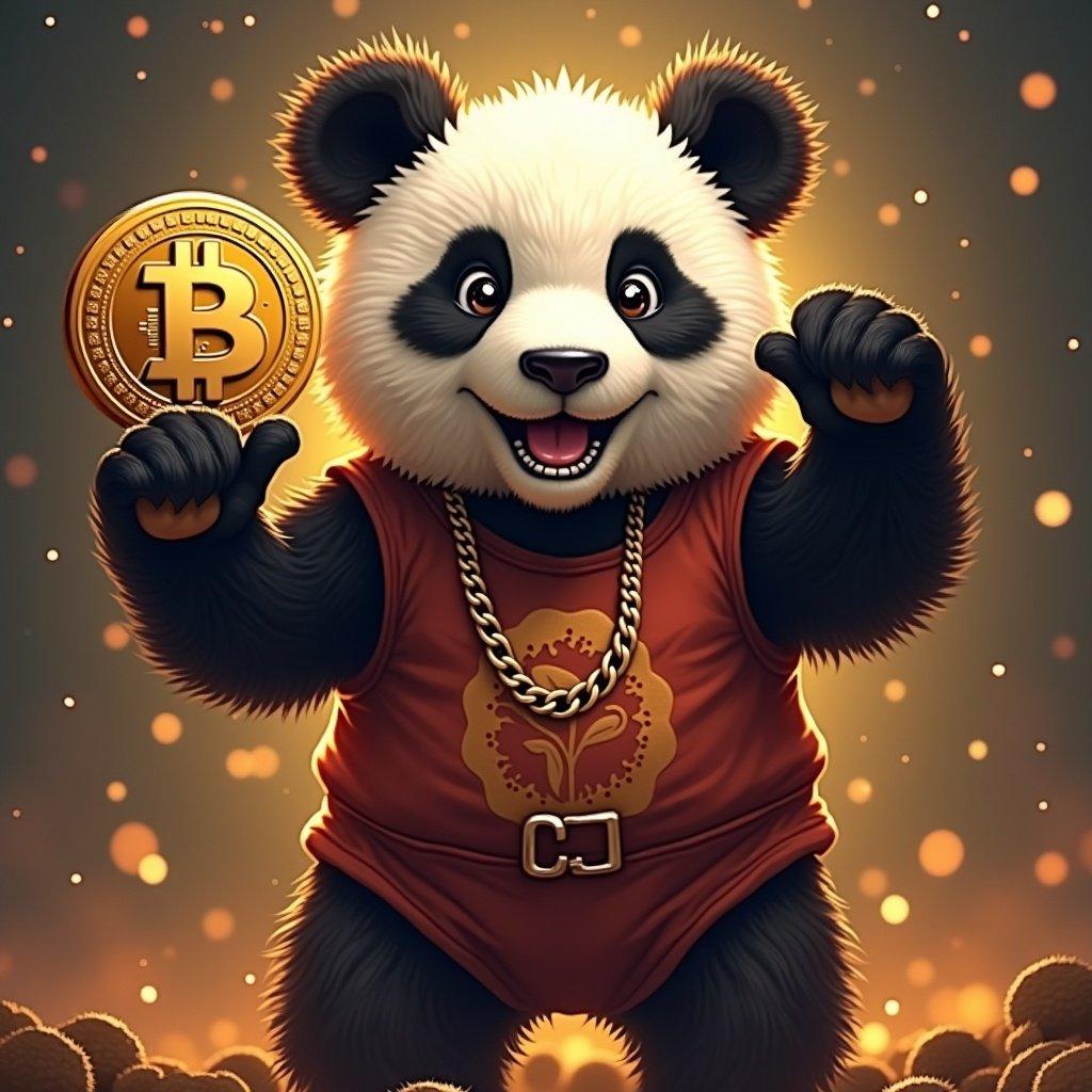 A panda in a crypto coin style is energetically celebrating with a Bitcoin coin in its paw.