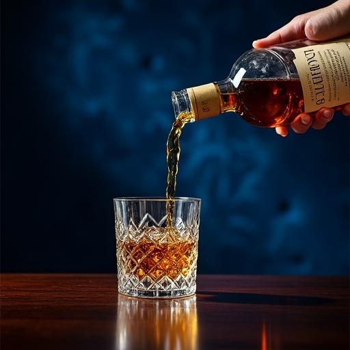 Photograph of a Glenlivet whiskey bottle pouring golden liquid into a crystal tumbler. Square bottle with elegant label reads 'Glenlivet 18'. Dark wooden surface reflects warm light. Deep blue velvet background creates contrast and highlights glass clarity.