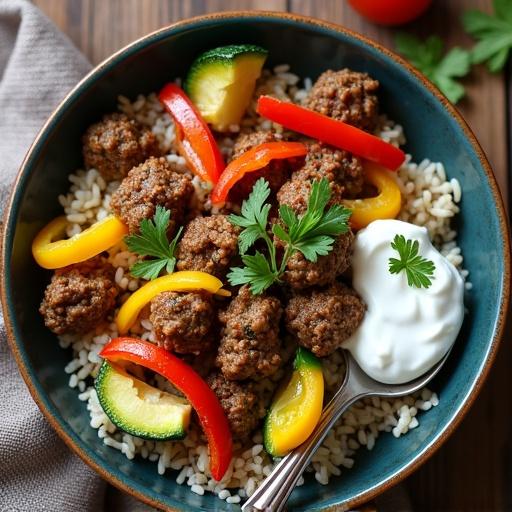 High-protein fitness meal in a bowl with stir-fried ground lamb colorful vegetables like bell peppers zucchini served with brown rice garnished with fresh herbs spoon of yogurt on the side Natural lighting wooden table healthy homemade look clean plating top-down view