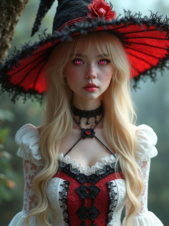 A full body image of a witch with blonde hair and red eyes in a detailed white and red dress. The setting is mystical with vibrant colors and ultra-realistic textures. Rendered in high-quality 3D digital art.