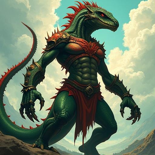 A muscular female lizardfolk character standing tall in a vibrant anime fantasy style. Her thick dark green scales shimmer with crimson undertones. A long tail flicks behind her, and her sharp claws signify danger. Her angular face features glowing amber eyes and jagged spines instead of hair. She wears scavenged armor and a tattered cloak. The scene is lively and colorful, emphasizing her powerful and predatory presence.