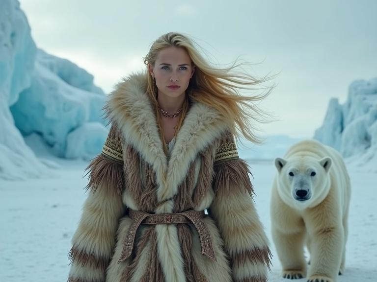 A beautiful blonde woman walks through an icy tundra. She wears a stylish fur parka with intricate patterns. A polar bear walks beside her. The background features ice ridges and frozen terrain. The sky is moody and stormy with blowing snow.