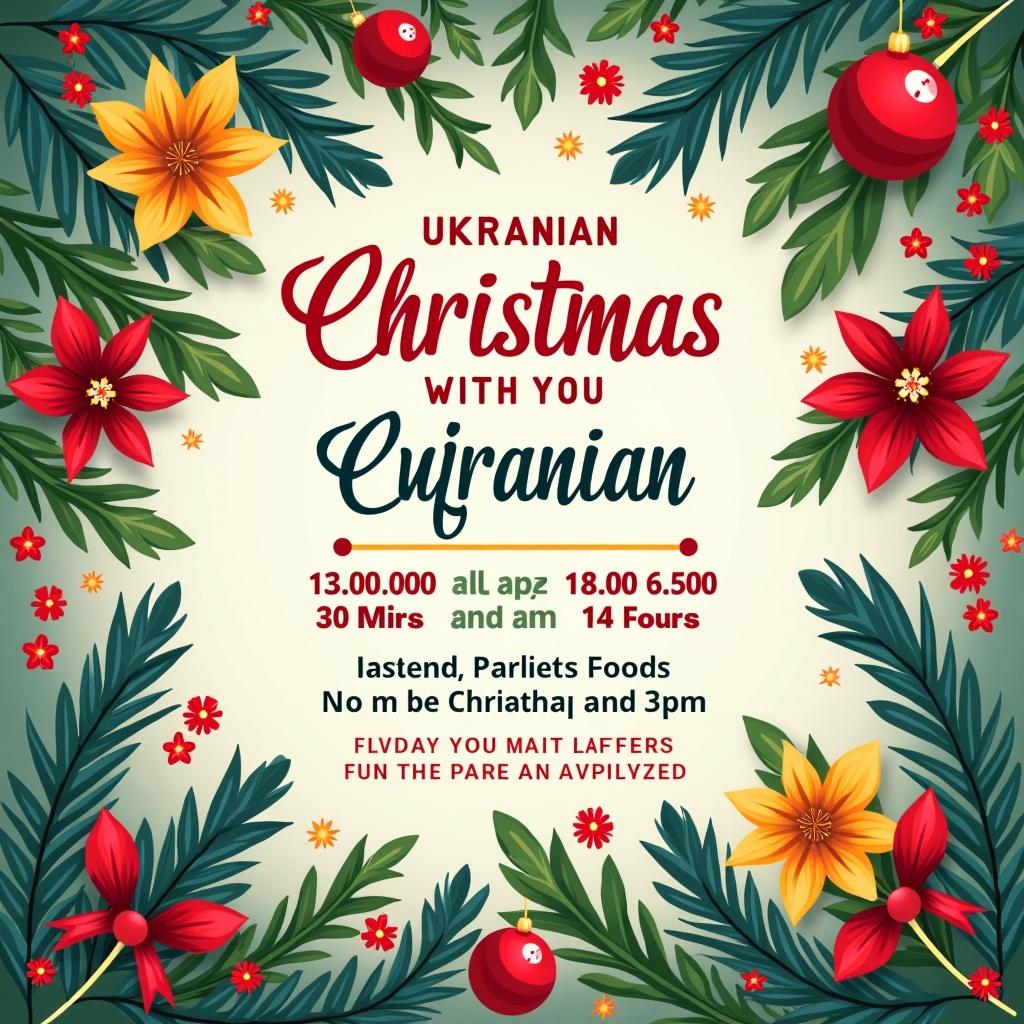 Invitation for Ukrainian Christmas event. Displays decorative text and floral motifs. Includes date, time, and details for the event.