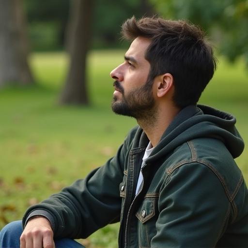 23 year old man sitting and looking forward showing his face in a park filled with greenery