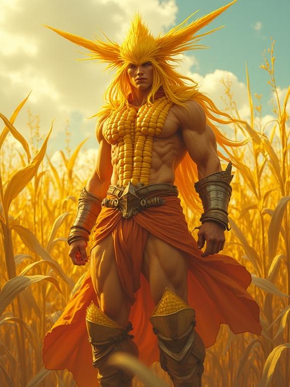 Anthropomorphic corn character with muscular build. Golden hair with corn-like spikes. Cel-shaded painterly style. Bright golden background with cornfields.