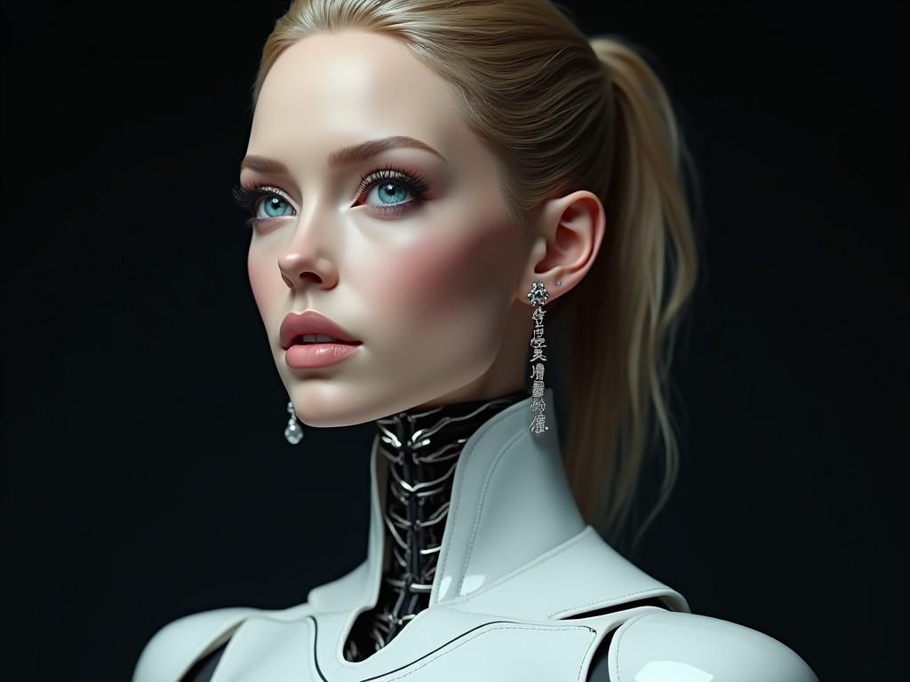 This image depicts a futuristic humanoid robot with exquisite features. The robot has striking blue eyes and flawless skin. It wears a sleek, white outfit that contrasts with its mechanical neck. The background is dark, accentuating the robot's elegance. The lighting is soft, enhancing its facial details and expression. The combination of human and robotic elements creates a visually captivating effect. Its earrings add a touch of sophistication. Overall, the image embodies a blend of technology and beauty.