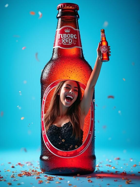 Photorealistic advertisement shot of a TUBORG RED beer bottle amidst a cerulean blue background. Bottle features condensation droplets. Opening bottle label reveals a young woman in a black dress, laughing and holding a mini beer bottle. Confetti around adds to the fun atmosphere. High saturation conveys energy and excitement.