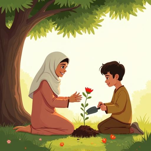 A children's storybook-style illustration showing a young boy planting a flower in a garden with his mother. Both characters have blank faces, depicted with warm colors. Soft green grass and a small tree are in the background.