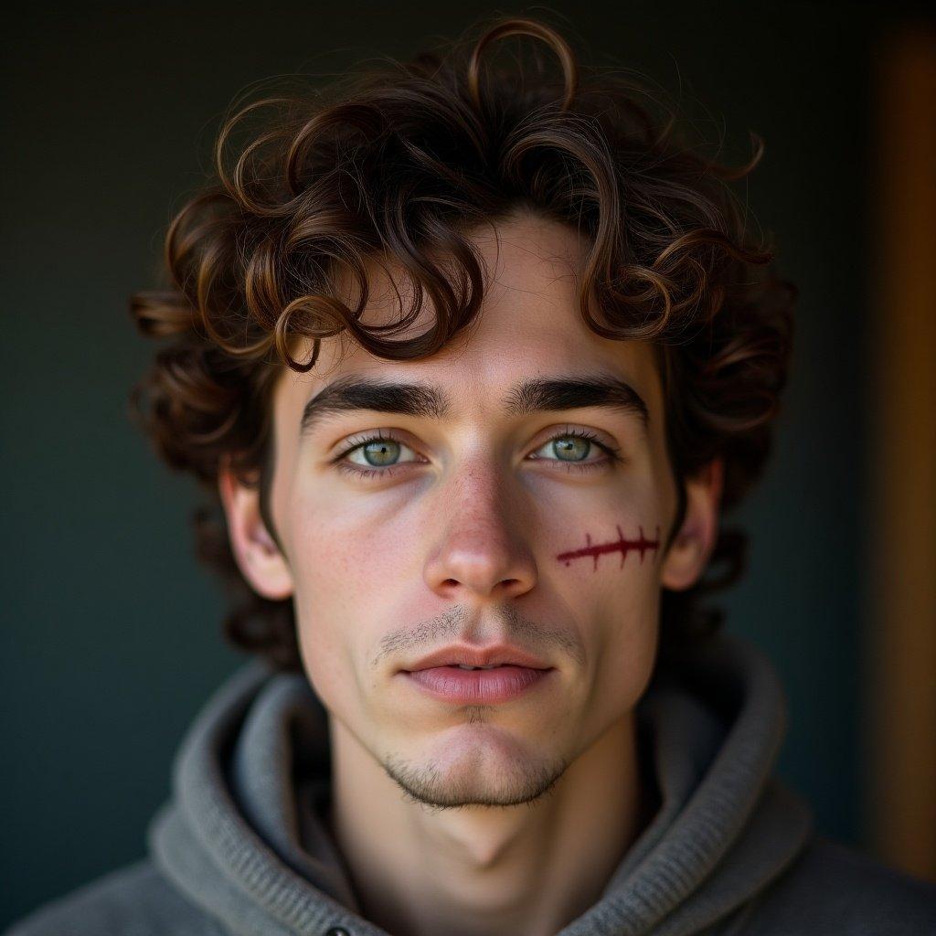 A young man has brown curly short hair and grey eyes. He has a scar from his eyebrow to his lip. Soft lighting focuses on his expression.