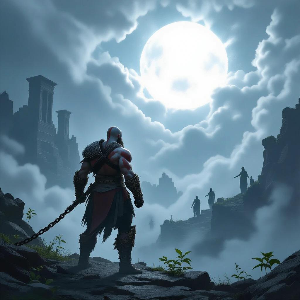 Kratos stands at the edge of a cliff. Ruins of Olympus dissolve into mist behind him. A massive orb of light breaks through stormy clouds. Ethereal lighting bathes his battle-scarred face. Ghostly silhouettes of gods linger nearby. Fresh plants grow through damaged earth. A broken chain slips from his wrist. His posture blends strength with surrender.