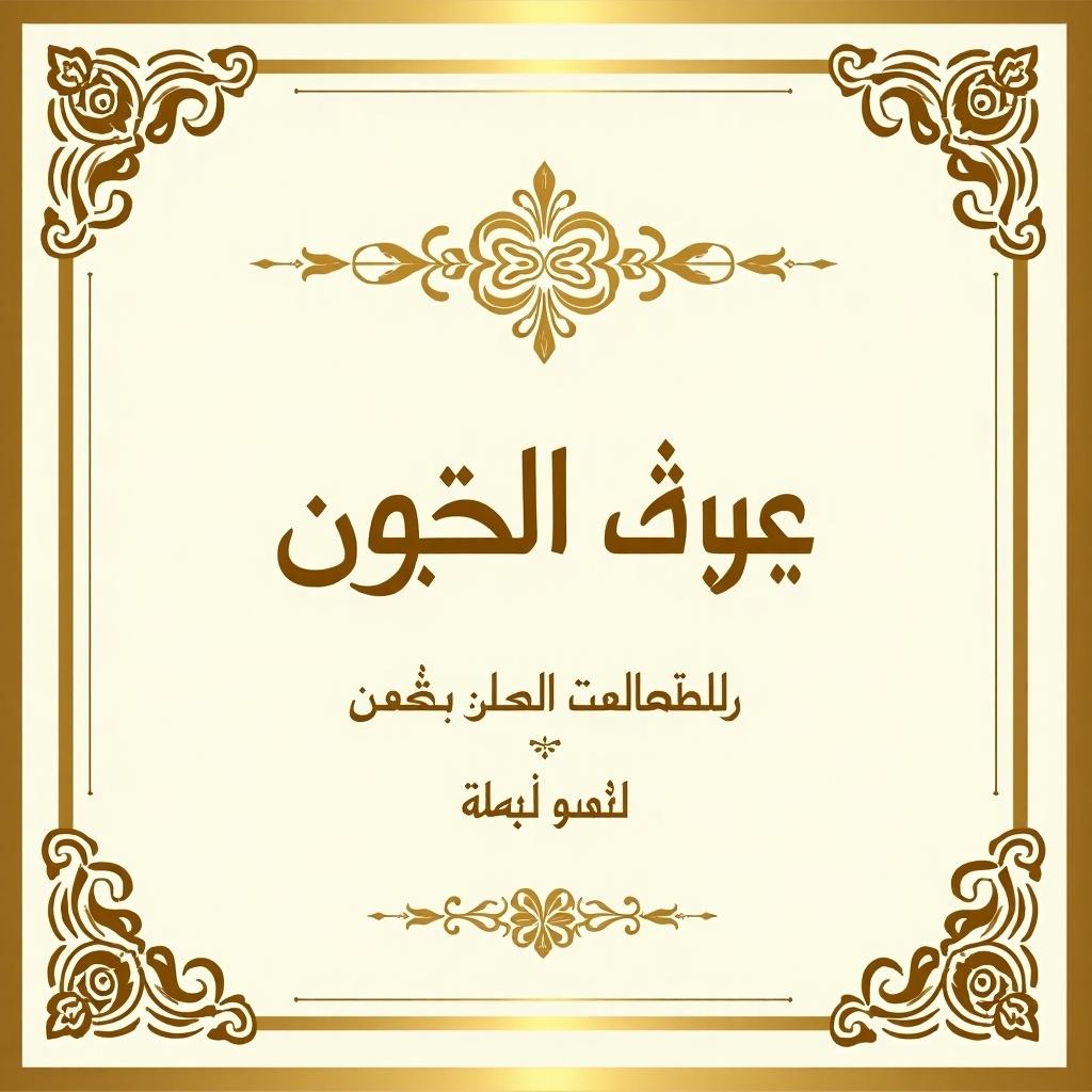 Elegant Arabic text for wedding invitation. Names حسن وشهد featured prominently. Ornate borders and floral designs around the text. Luxurious gold and cream colors dominate the card. Suitable for prestigious cultural events.