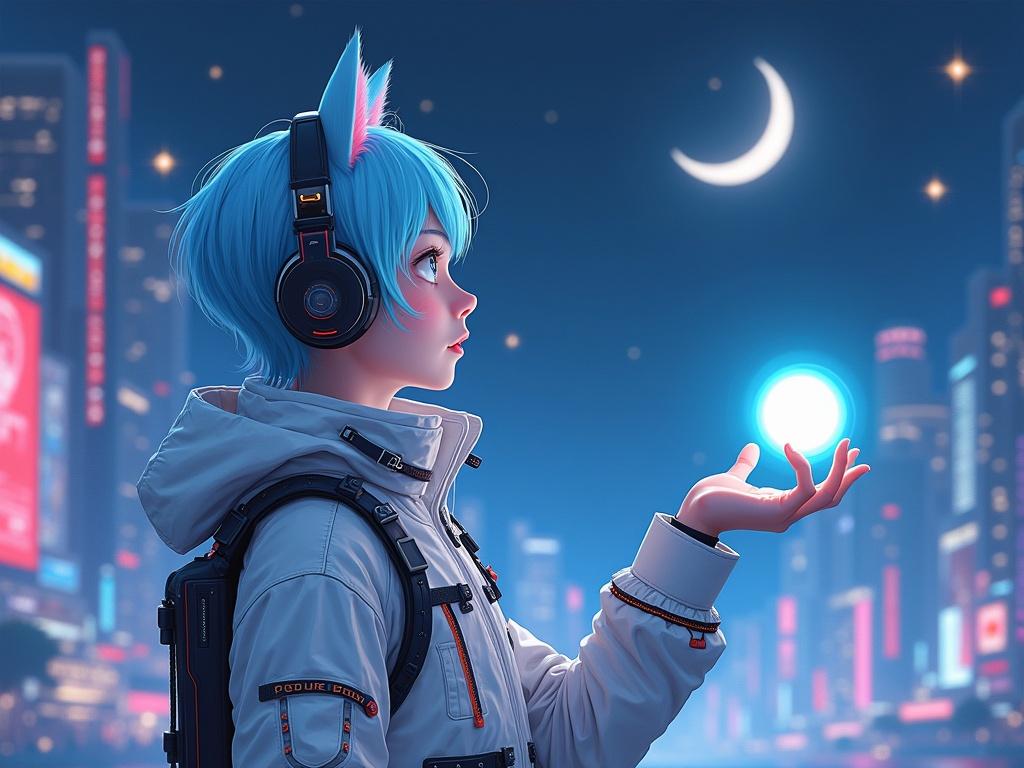 A boy stands in a futuristic city at night, surrounded by glowing technology and stars. He has striking light blue hair styled in a way that mimics cat ears, giving him a unique appearance. Large headphones rest comfortably over his ears as he gazes thoughtfully at a crescent moon. His outfit is a mix of modern and cybernetic, featuring a high-collared white jacket with intricate designs and straps. In one hand, he holds a glowing orb of light, symbolizing creativity and innovation. The cityscape behind him is filled with neon lights and digital screens, enhancing the sci-fi atmosphere.