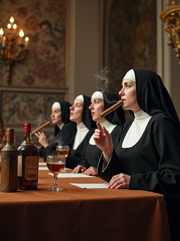 A group of nuns in black habits smoking cigars and drinking cognac while seated at a table in an ornate room that resembles the Sistine Chapel. The atmosphere blends elegance and humor in a playful context.