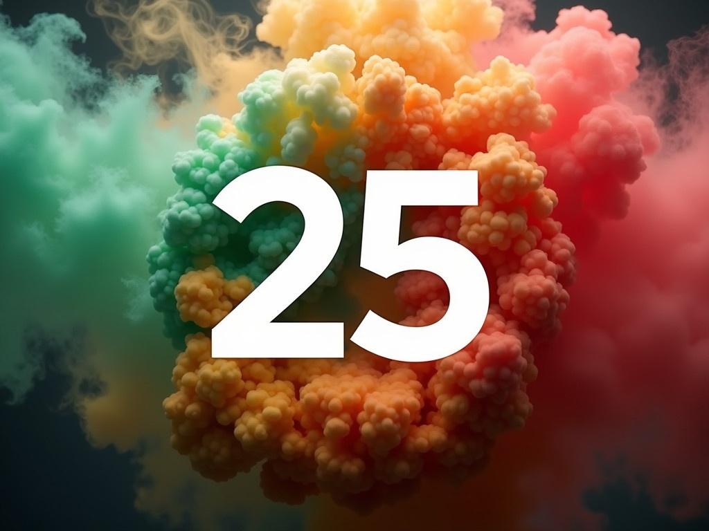 The image showcases vibrant colored smoke swirling around a bold number design. It represents the year 25, creatively styled in white to stand out against the colorful backdrop. The smoke features hues of green, red, and a warm brown, suggesting a festive or artistic theme. The overall feel is dynamic, with the colors blending and contrasting beautifully. This composition can evoke feelings of celebration and creativity, ideal for a modern art showcase or a new year celebration.