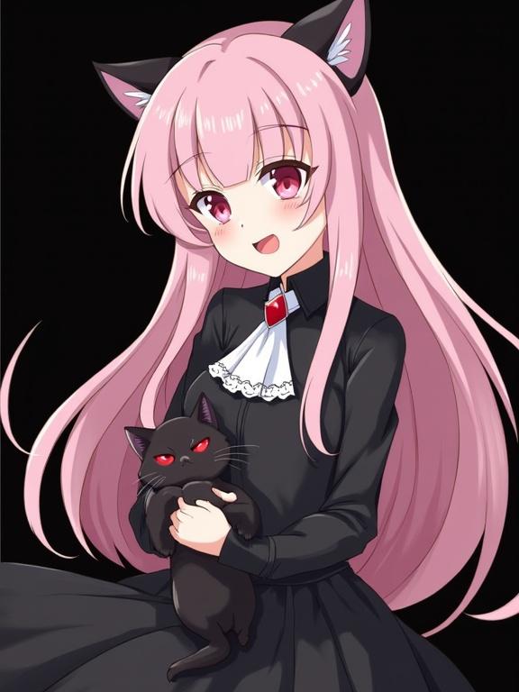 Anime style artwork featuring a girl with long pink hair. She has pointy ears and fangs. Dressed in a black dress with a white ascot. Holding a black cat with red eyes. Cute expression, looking at the viewer against a solid black background.