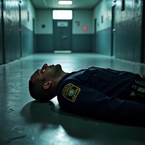 Realistic image of police officer lying on floor in prison. Eyes closed. Appearing as if sacrificed. Officer in full uniform.