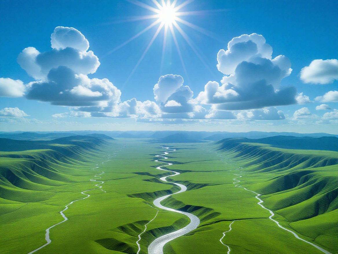Cinematic drone shot captures grand valley scene. Sky is cerulean blue with fluffy clouds under high sun. Vibrant green plains with glistening rivers. Faint mountain ranges in background. Colossal ancient sword embedded in landscape, weathered and reclaimed by nature. Moss and vines on sword enhance cinematic atmosphere.