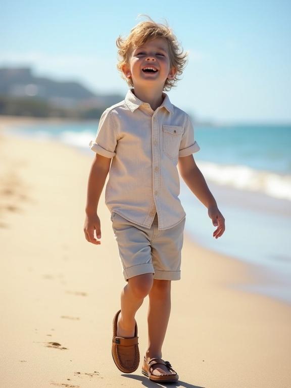 Little boy walking along sandy beach with joyful expression. Wearing light short sleeve shirt and bermuda shorts. Footwear is moccasins.