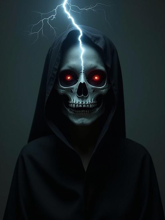 Portrait of a figure in black robes. Lightning illuminates face. Half human half skull. Eerie ambiance with dark fantasy elements. High detail and shadows.